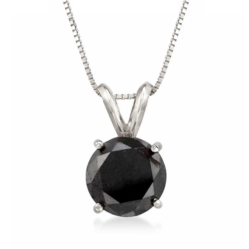 Black diamond solitaire necklace with round center stone in white gold prongs