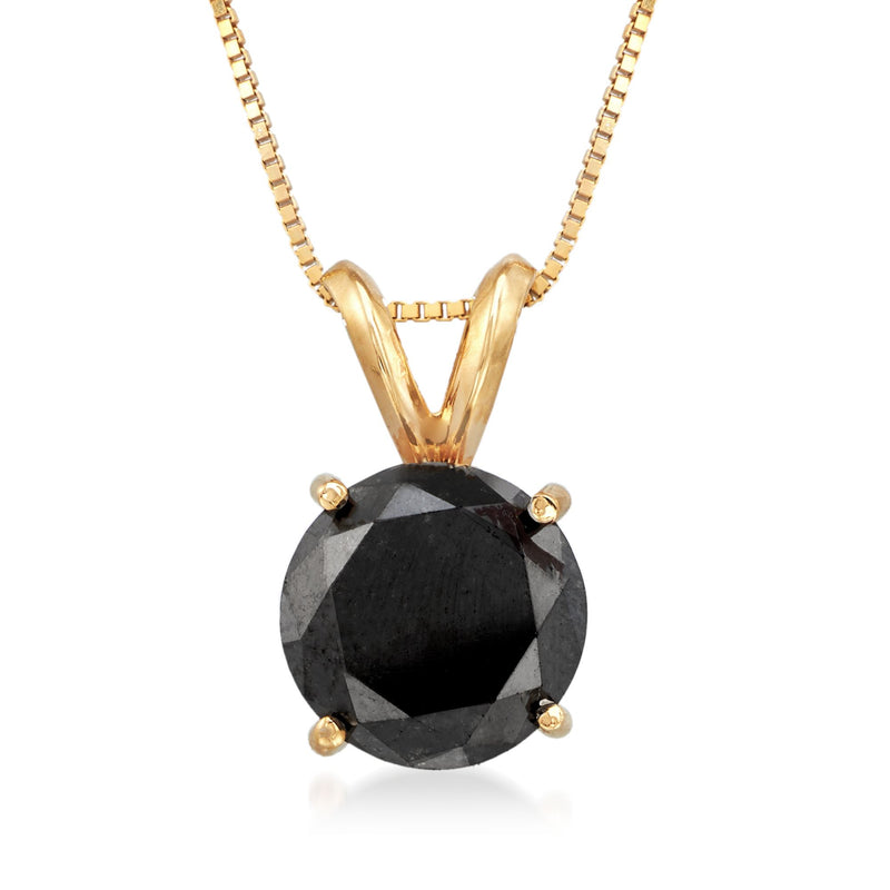 14kt yellow gold solitaire necklace with round black gemstone pendant and prong setting