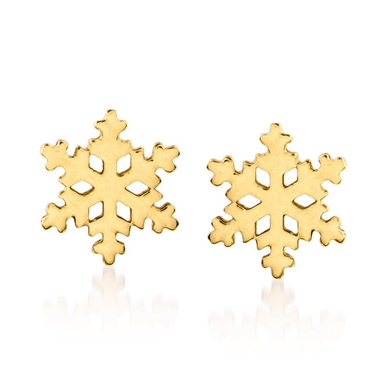 18kt yellow gold snowflake stud earrings with cutout snowflake design