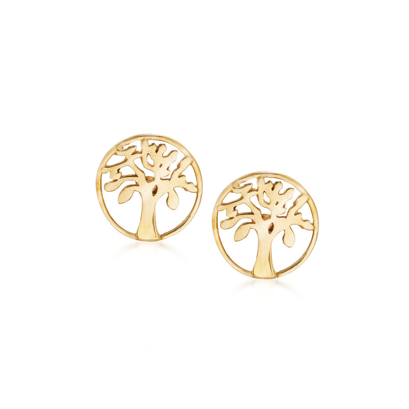 18kt yellow gold tree of life stud earrings with round cutout tree design