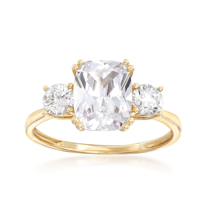 14kt yellow gold three-stone ring with a large square CZ center and side round CZ stones