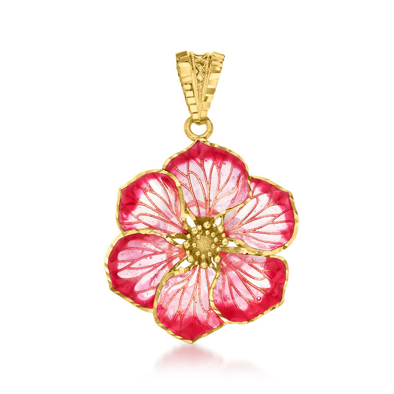 Pink enamel flower pendant in 18kt yellow gold with gold bail and loop