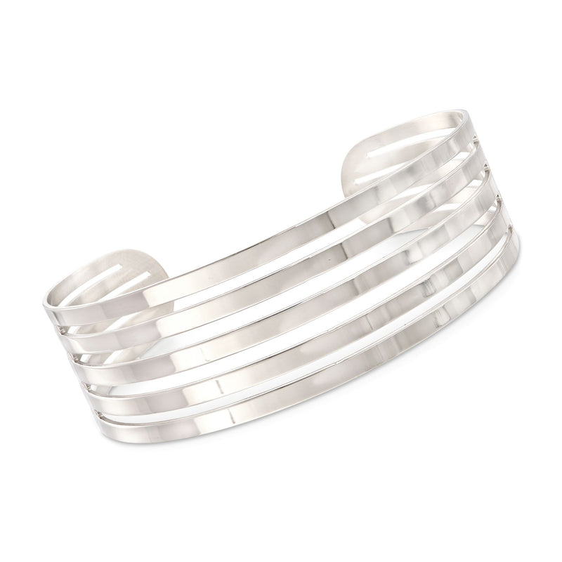 Italian sterling silver open-space cuff bracelet with striped cutout bands