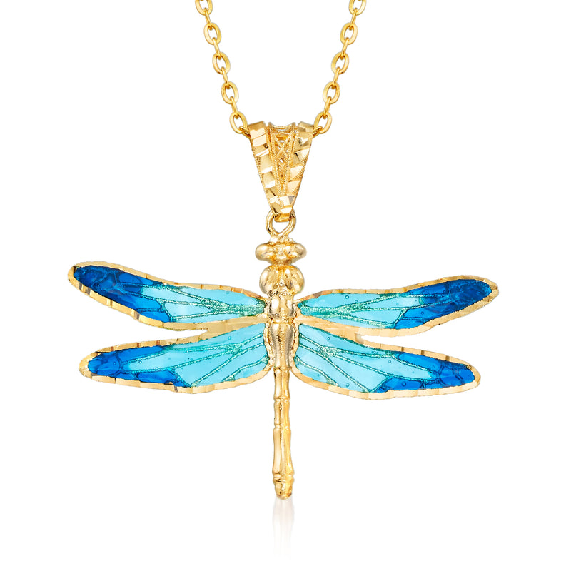 Dragonfly pendant necklace with blue enamel wings and gold-toned chain