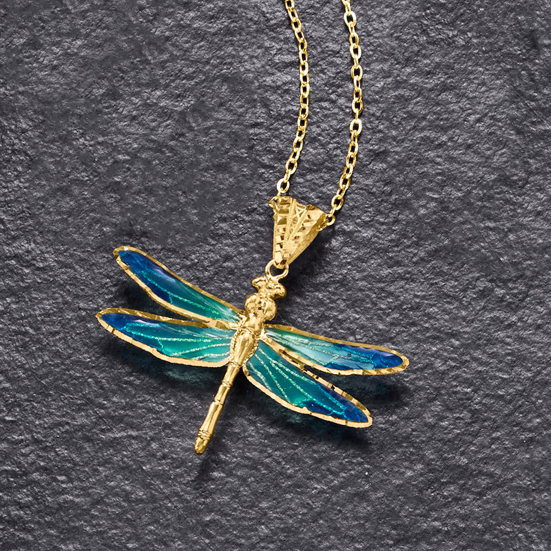 Dragonfly enamel pendant necklace with blue and green wings on a gold chain