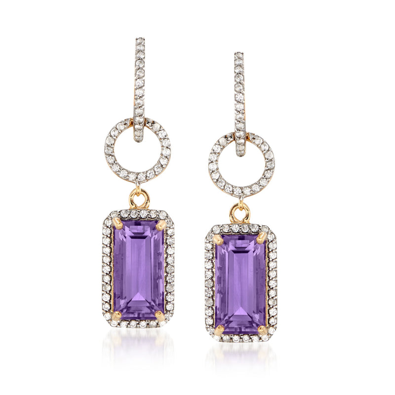 Gold drop earrings with open-circle halo, purple amethyst and white zircon