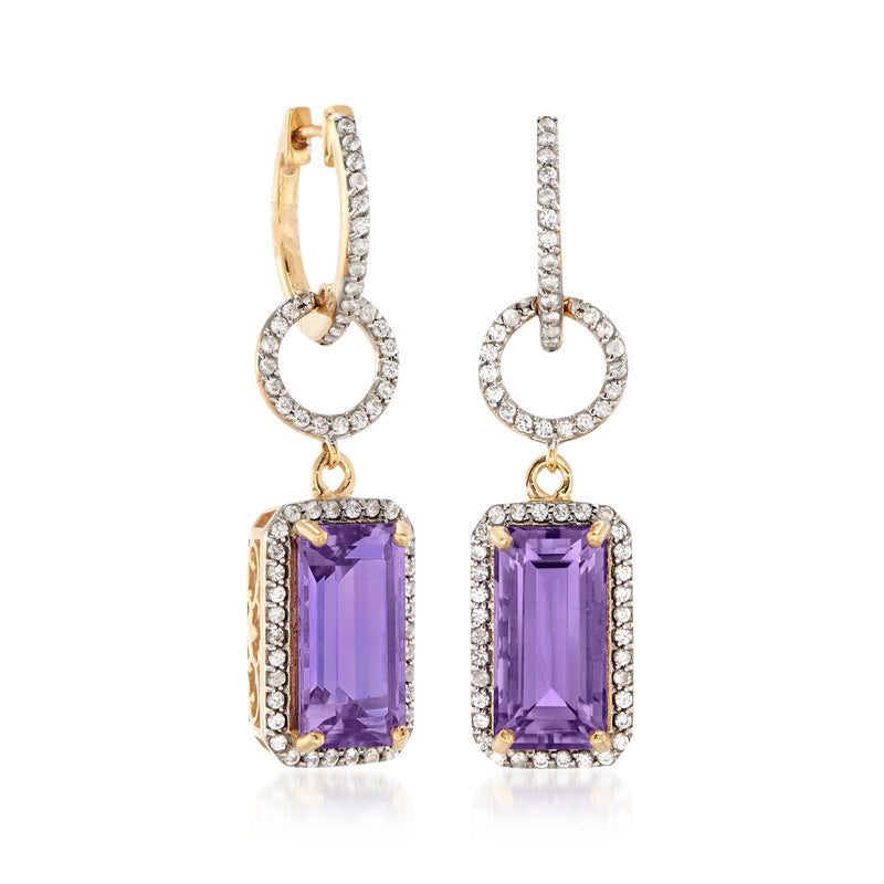 Gold drop earrings with open-circle top, purple amethyst rectangle and white zircon halo