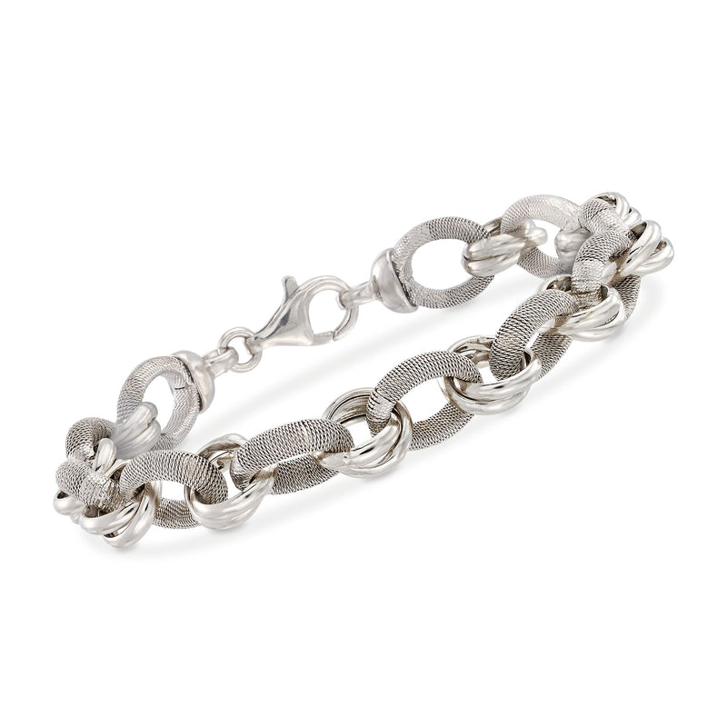Sterling silver bracelet with round mesh links and oval clasp, linked chain design