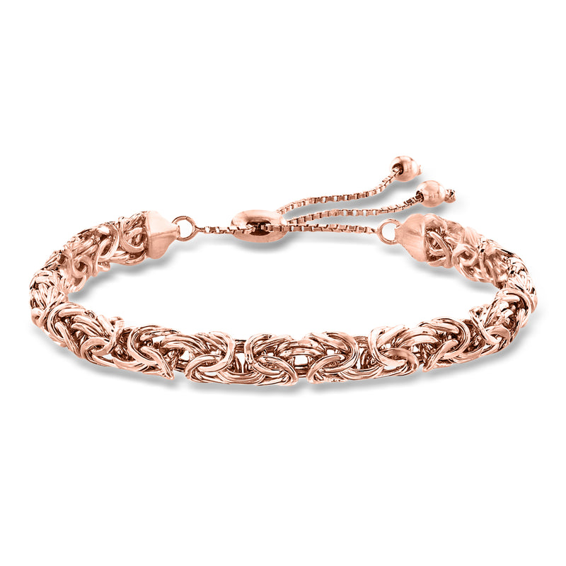 Rose gold bolo bracelet with Byzantine link chain and adjustable cord ends