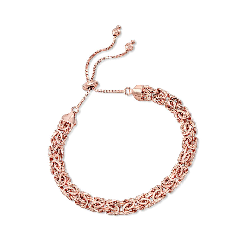 Rose gold bolo bracelet with braided Byzantine chain and hook-and-ring adjuster