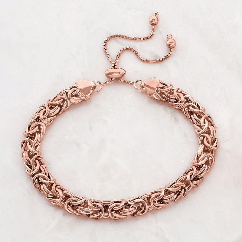 Rose gold bolo bracelet with Byzantine chain links and two adjustable ball ends