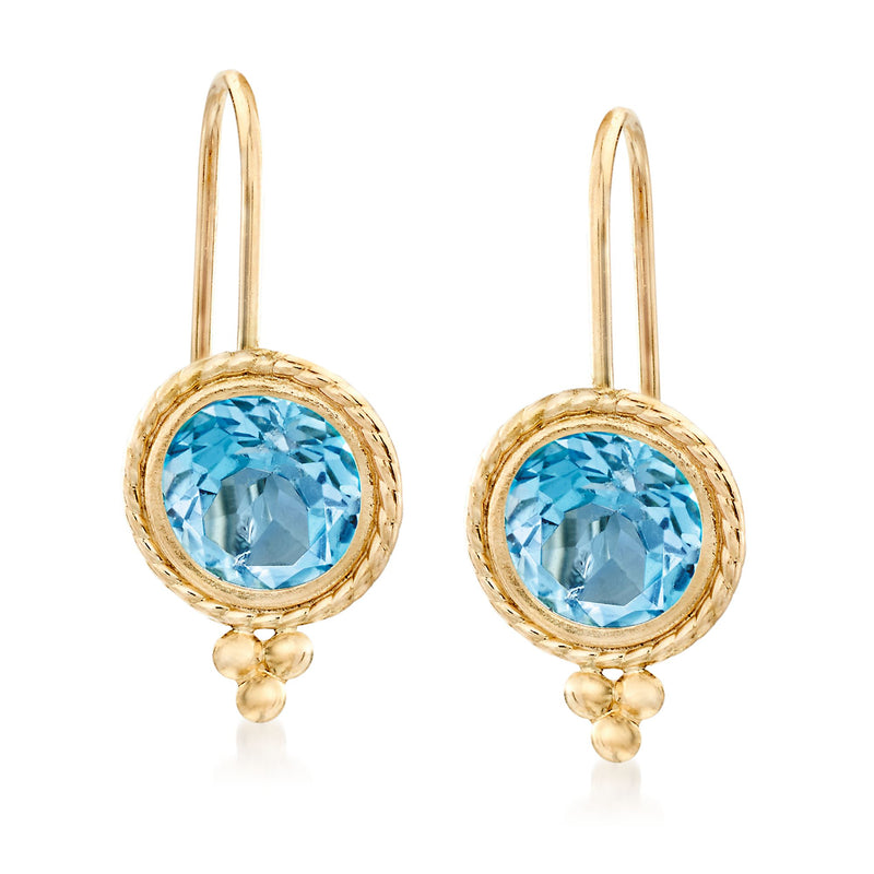 14kt yellow gold drop earrings with bezel-set Swiss blue topaz, round blue stones