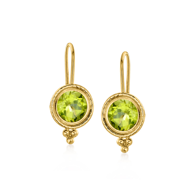 14kt yellow gold peridot drop earrings, round green gemstone, earwire hooks