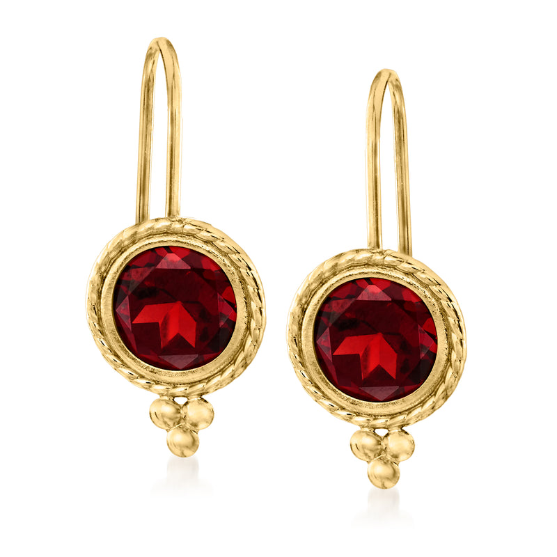 14kt yellow gold drop earrings with round red garnet stones, earwire