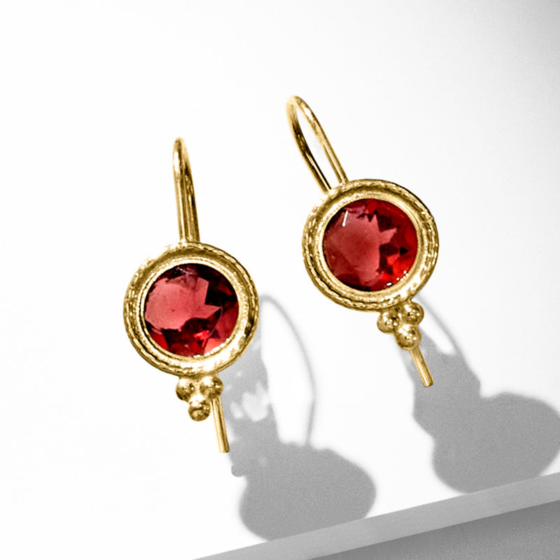 14kt yellow gold round red garnet drop earrings with dangling earwire hooks