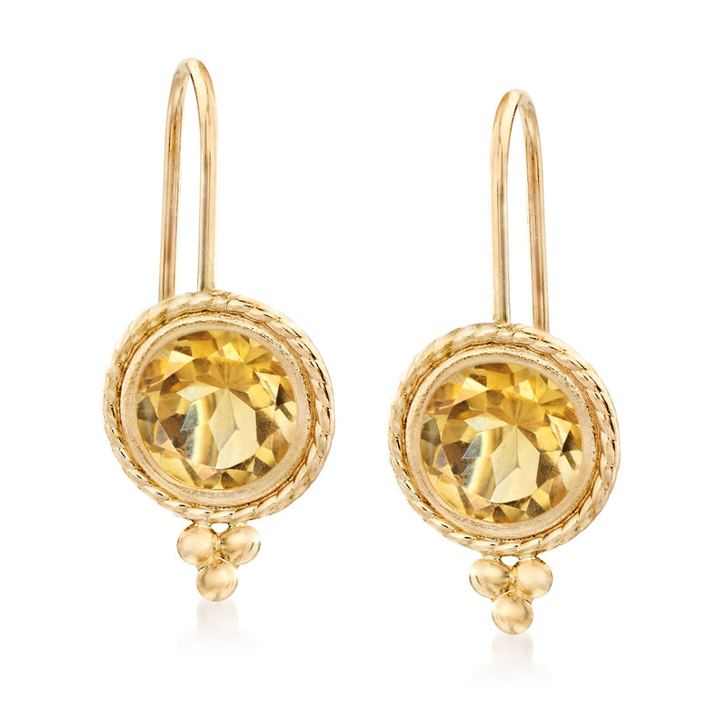 14kt yellow gold citrine drop earrings with round gemstone and bead drops