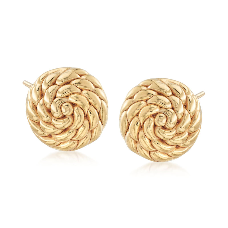 18kt yellow gold twisted circle stud earrings with spiral texture and post backs