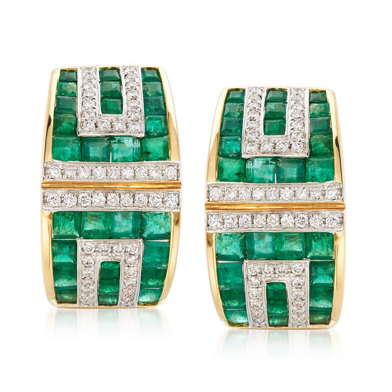 Geometric emerald and diamond drop earrings in 18kt yellow gold