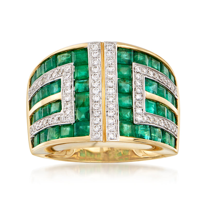Emerald and diamond geometric ring in 18kt yellow gold