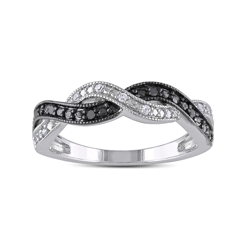 Sterling silver diamond braid ring with black and white stones