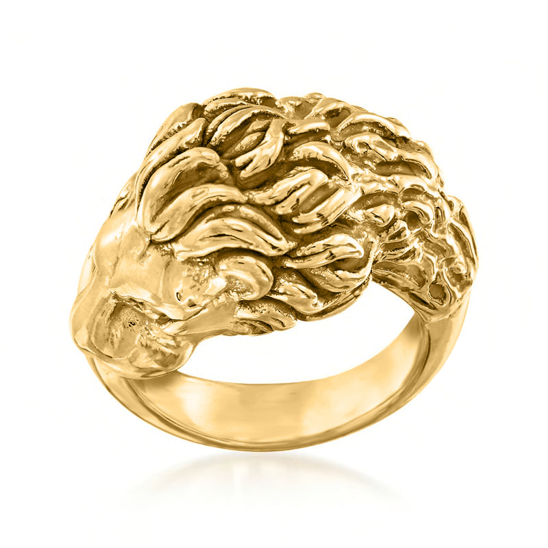 18kt yellow gold lion head ring with raised detailed lion motif, polished band