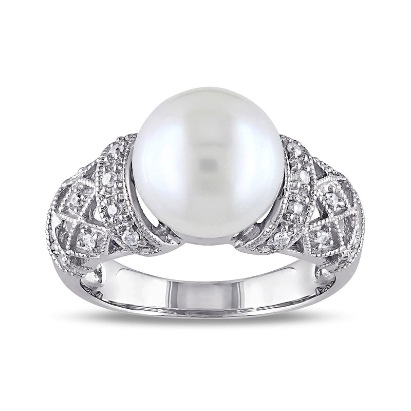 Sterling silver cultured pearl ring with diamond accents, round white pearl center