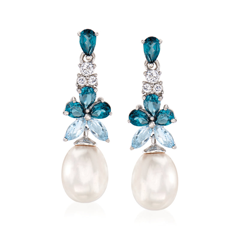 Cultured pearl and blue topaz drop earrings in sterling silver, floral cluster tops