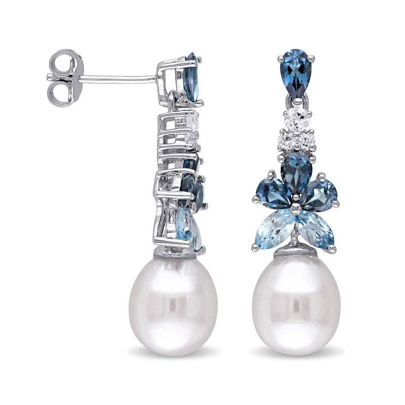 Sterling silver drop earrings with cultured pearl and blue stone setting, hinged clasp view