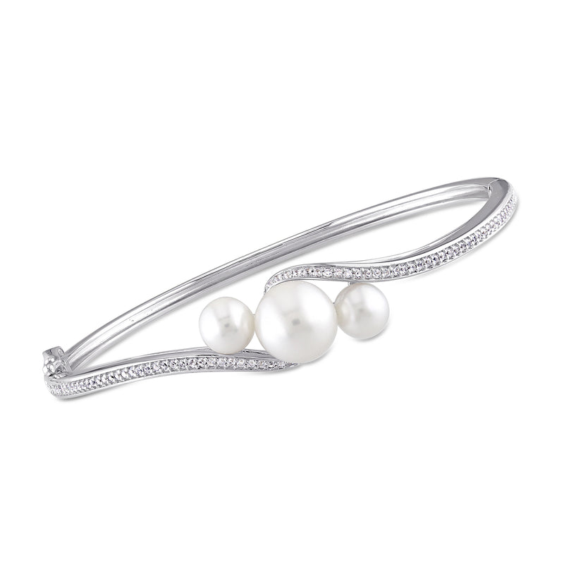Sterling silver bypass bangle bracelet with cultured pearls and white sapphire accents
