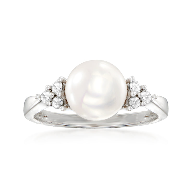 Sterling silver ring with large white cultured pearl and diamond cluster accents