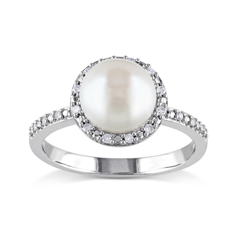 Cultured pearl ring in sterling silver with large round white pearl halo of stones