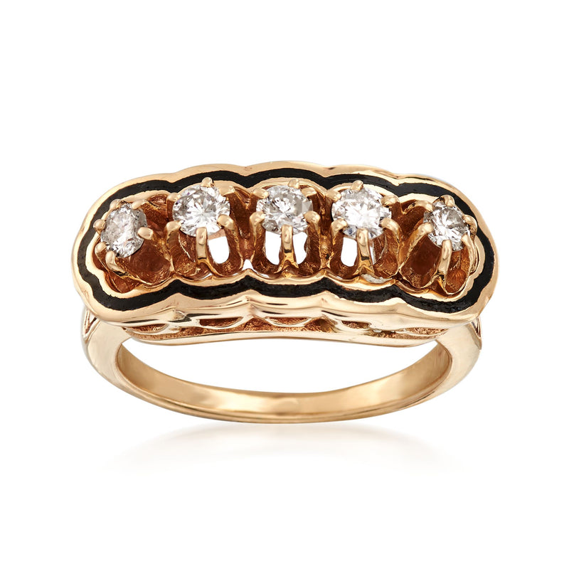 14kt yellow gold ring with round diamonds and black enamel bezel, vintage style