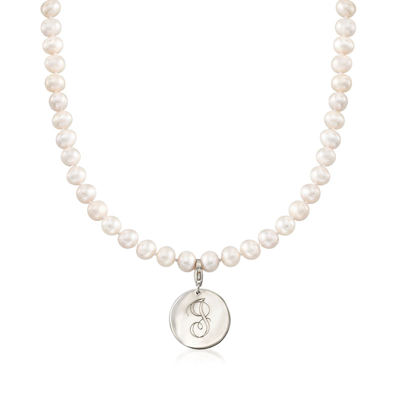 Cultured pearl necklace with sterling silver round disc charm featuring an initial