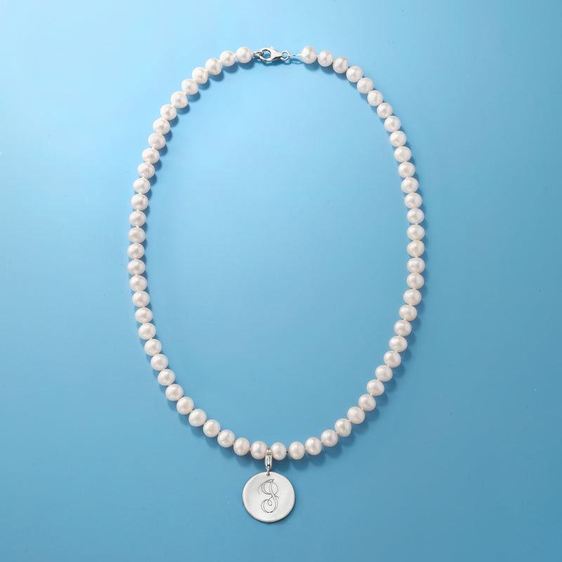 Cultured pearl necklace with round sterling silver initial disc charm