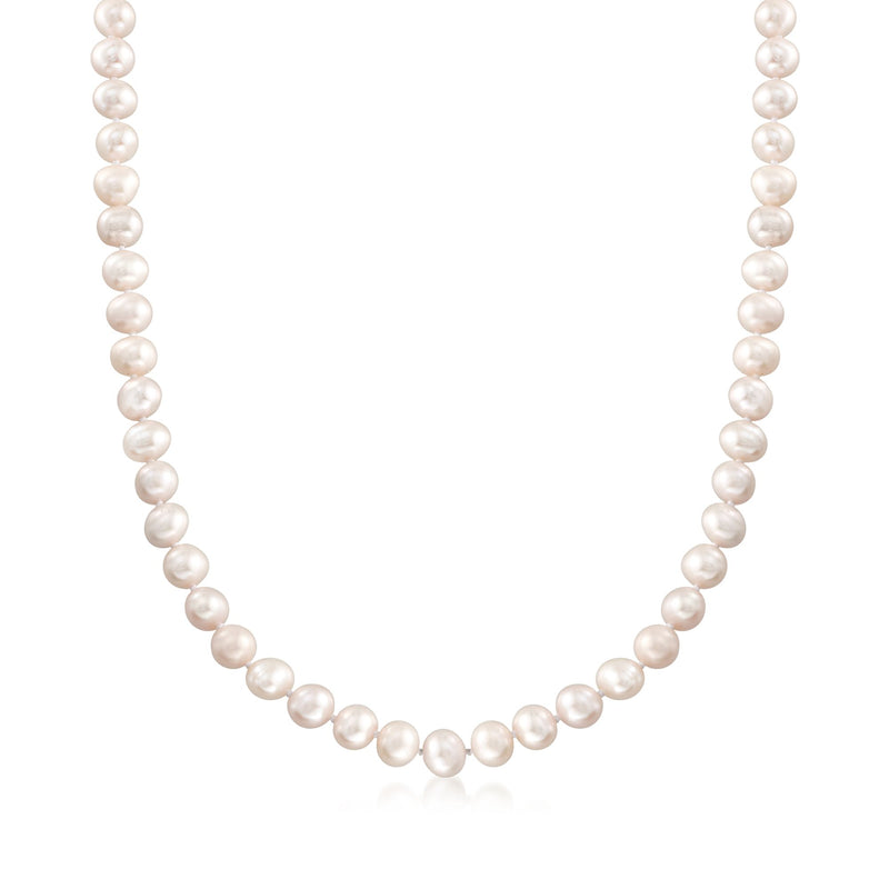 Cultured pearl necklace with evenly spaced round pearls, no charm visible