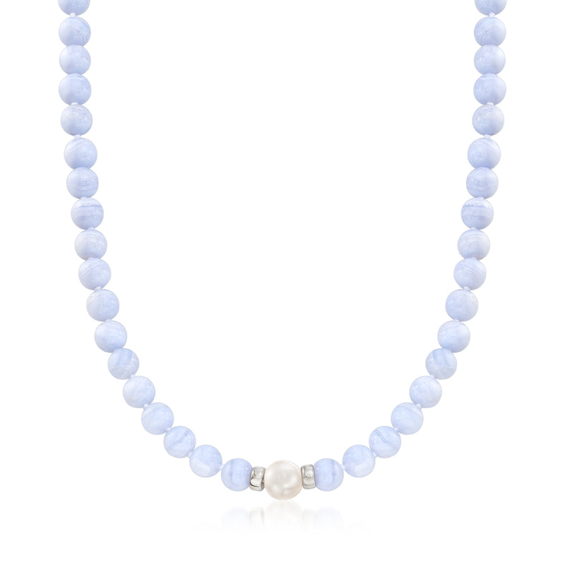 Sterling silver beaded necklace with light blue agate stones and a cultured pearl bead