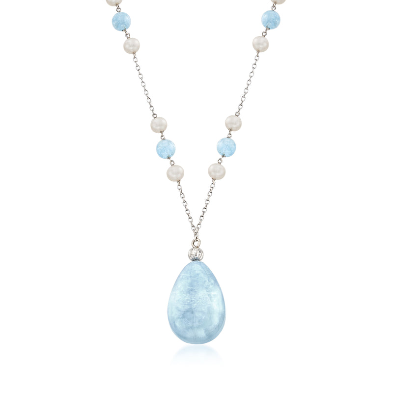 Sterling silver beaded necklace with cultured pearls, blue beryl beads, and teardrop pendant