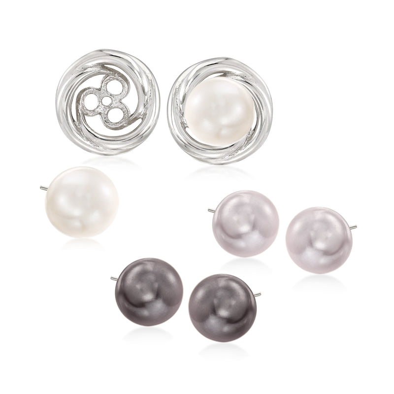 Sterling love-knot earring jackets with multicolored cultured pearl stud sets, 3 pairs