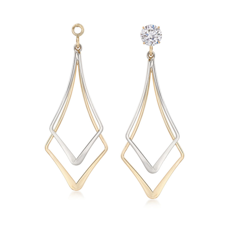 Two-tone 14k gold kite-shaped openwork earring jacket with small round clear stone