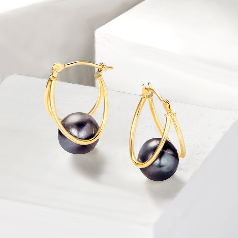 Yellow gold double-hoop earrings with black pearl front dangle, curved profile