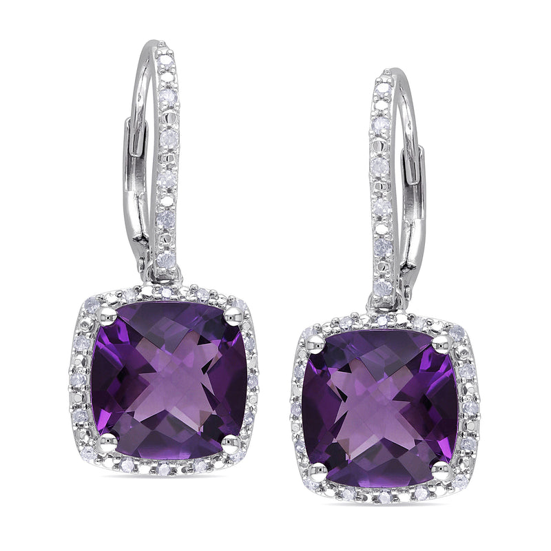 Sterling silver leverback drop earrings with square amethyst cushion stones and diamond halo