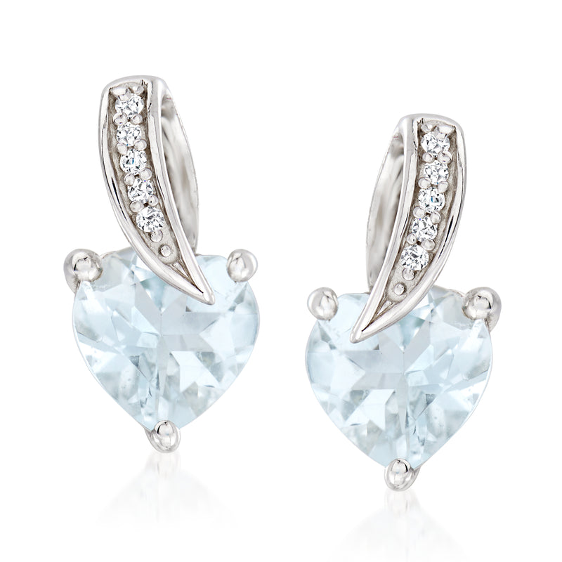 Sterling silver heart aquamarine stud earrings with diamond accents and post backs