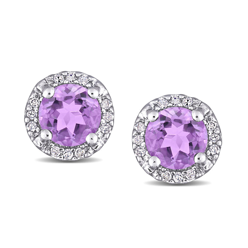 Sterling silver amethyst halo stud earrings with diamond accents, post backs