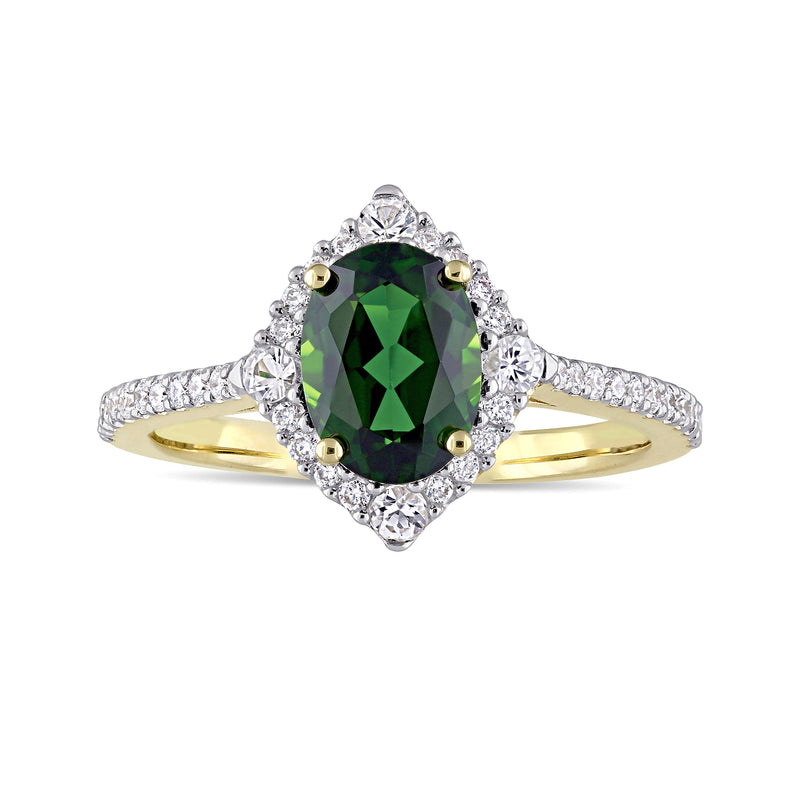 14kt yellow gold ring with oval green chrome diopside center and diamond halo