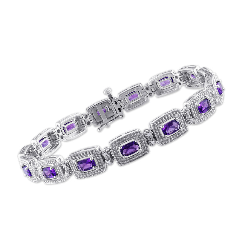 Sterling silver tennis bracelet with square amethyst stones and diamond accents