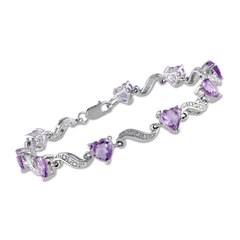 Sterling silver heart bracelet with purple amethyst stones and diamond accents