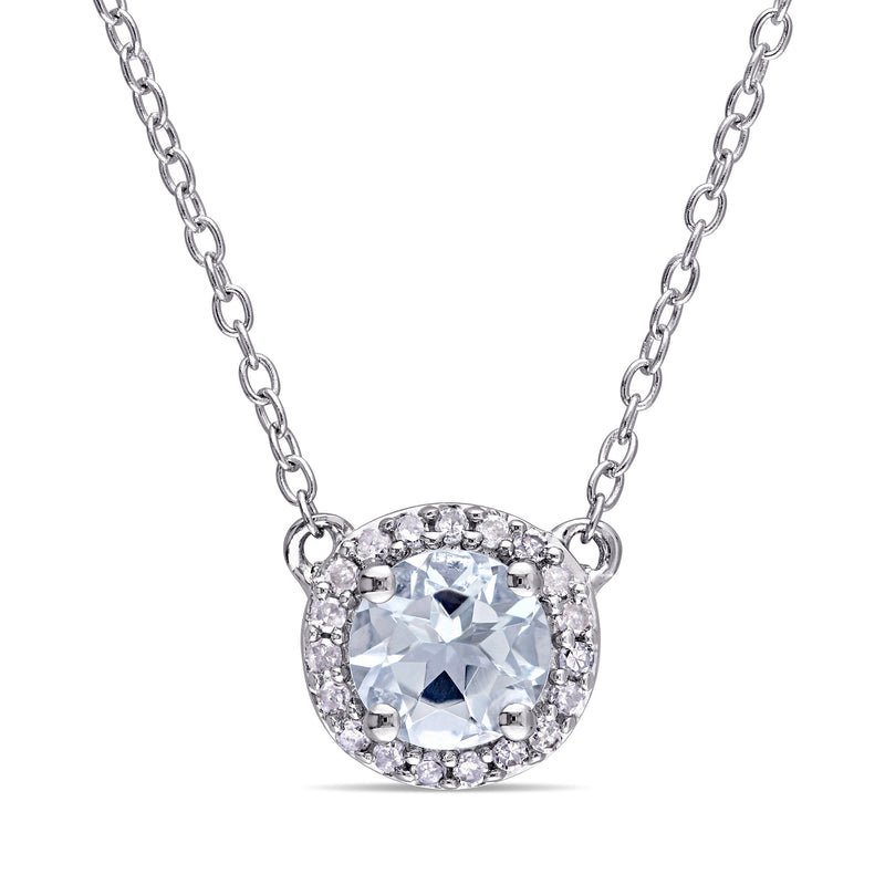 Sterling silver aquamarine halo necklace with round light-blue center and diamond accents