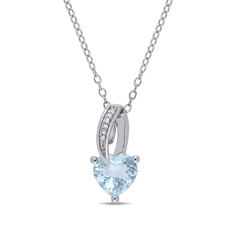 Sterling silver heart pendant necklace with light blue aquamarine and diamond accents