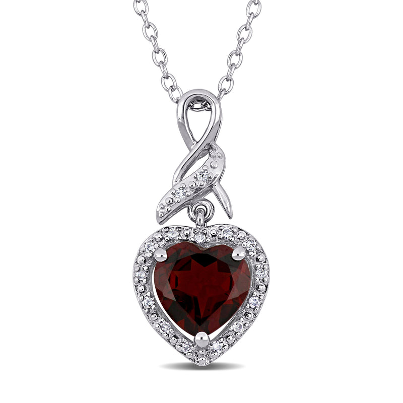 Sterling silver heart pendant necklace with garnet center and diamond accents