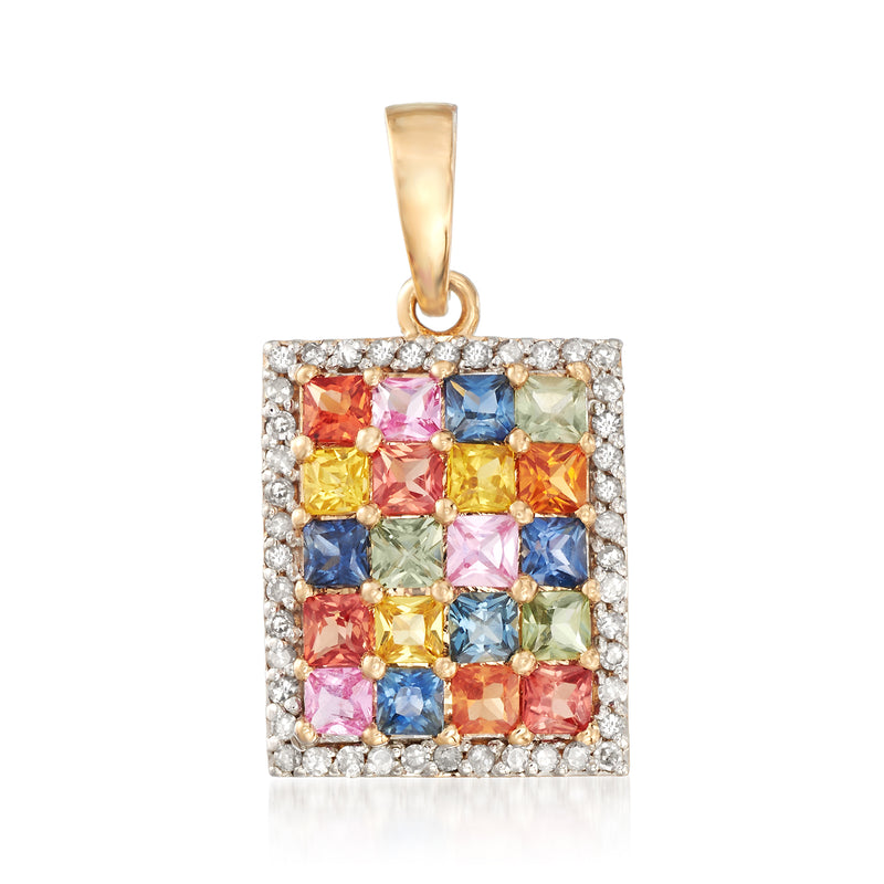 Multicolored sapphire and diamond pendant on 14kt yellow gold bail